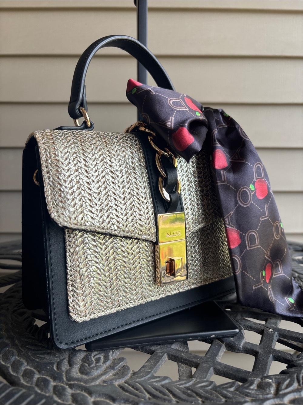 Aldo Woven Metallic Top-Handle Bag with Scarf Accent - Black & Gold